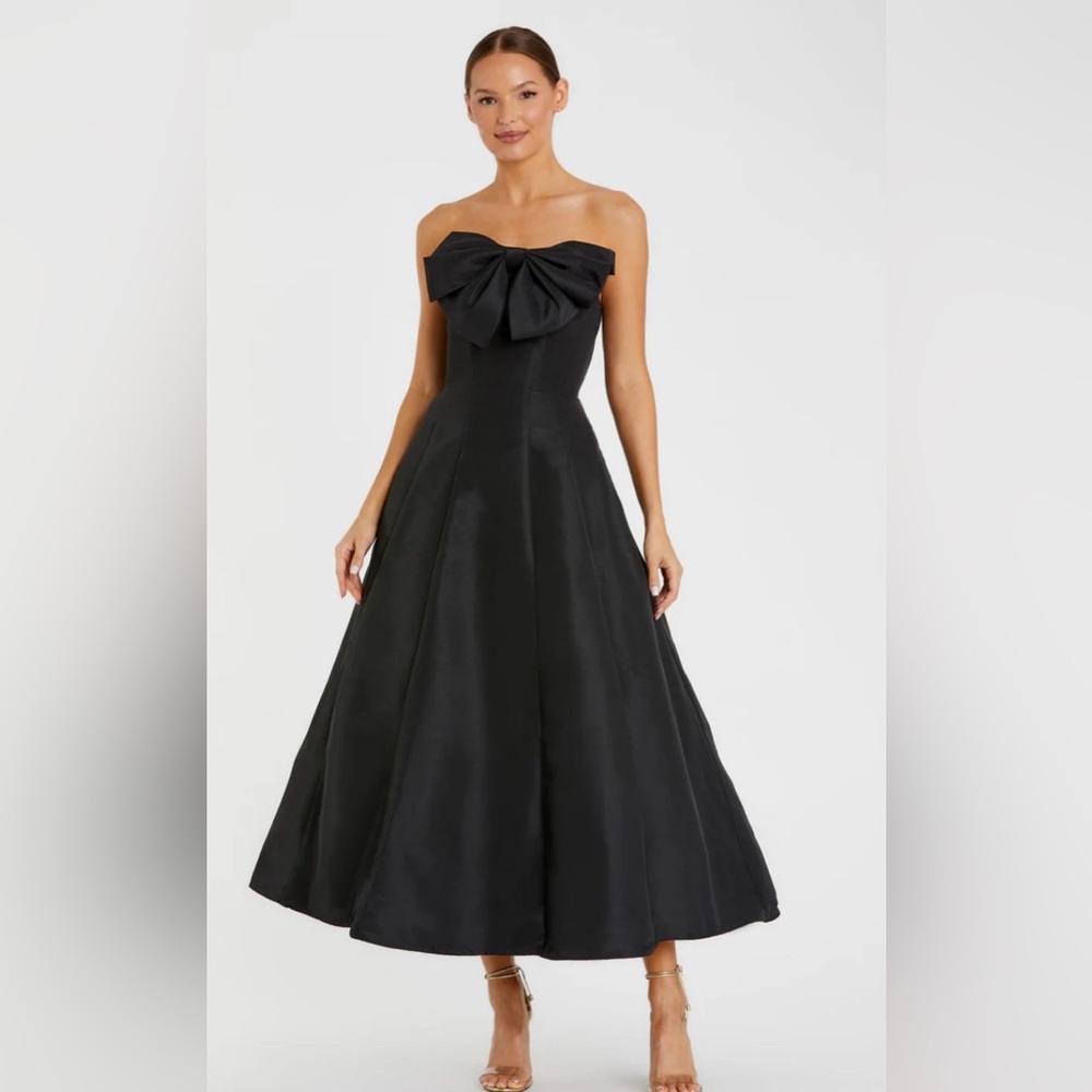 Mac Duggal 49605 Black Strapless A-Line Tea Length Bow Midi Dress Size 12 - Picture 2 of 9